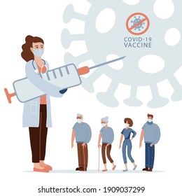 People of different ages in queue waiting for vaccination. Female doctor holding big syringe, injector. Seasonal vaccine, prevention immunize from covid-19. Vector flat character banner.