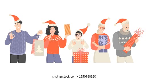 People of different ages in Santa Claus hats with Christmas gifts in their hands. Isolated vector cartoon characters.