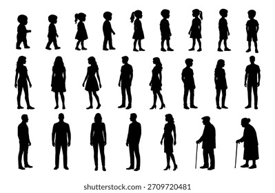 Conjunto de Personas de siluetas de diferentes edades. Ilustraciones planas de Vector de etapas de la edad humana. Del bebé a las siluetas de los mayores