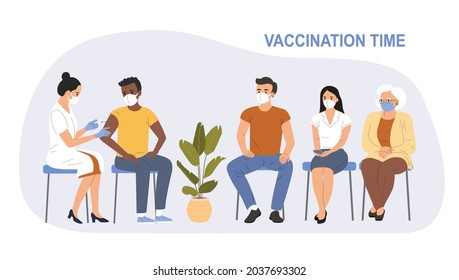 People of different ages are sitting in line. Woman in face mask getting vaccinated against Covid-19. Vector flat style cartoon illustration