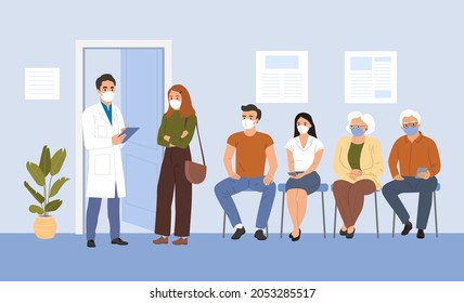 People of different ages are sitting in line. Doctor talks to a woman in the interior of the hospital. Vector flat style cartoon illustration