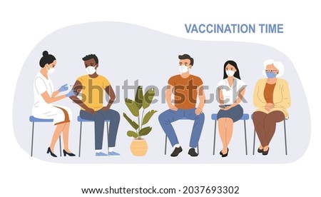 People of different ages are sitting in line. Woman in face mask getting vaccinated against Covid-19. Vector flat style cartoon illustration
