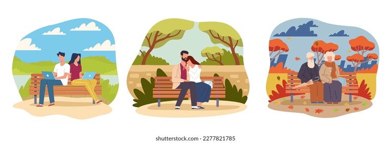 People of different ages sitting on park bench. Spring summer and autumn season. Happy family and couples young, mature and old outdoor walking. Cartoon flat illustration. Vector set