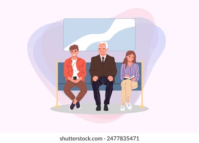 People of different ages sitting on bench vector illustration. Girl reading book, young man using mobile phone, senior man looking at them. People and different interests concept