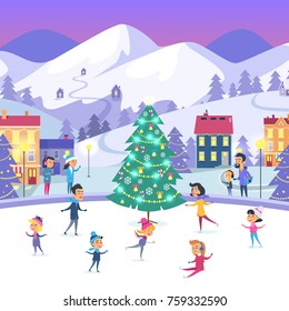 People of different ages skating on frozen surface. Vector illustration with people in warm winter clothes in various positions on urban icerink with decorated xmas tree. Winter holidays in town.