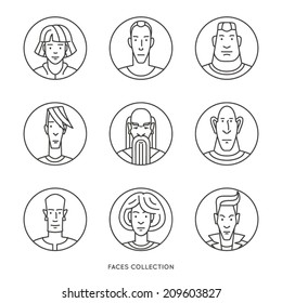 People of different ages and social groups. Outline vector icons set in modern line art style