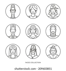 People of different ages and social groups. Outline vector icons set in modern line art style