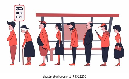 People of different ages standing in line at the bus stop. Waiting for transport. Transport system. Characters in a flat style.