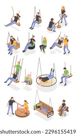 People of different ages swinging on various types of swings isometric icons set isolated vector illustration