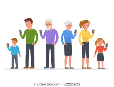 People of different ages use smartphone. Vector concept illustration.
