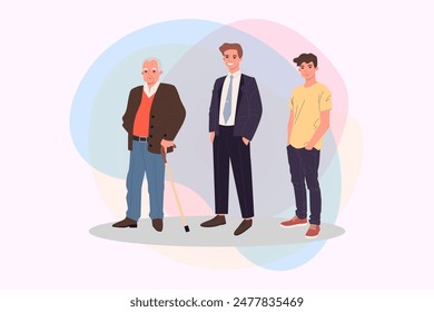 People of different ages vector illustration. Senior man with cane, middle-aged man in suit and teenage boy. Generation, age, social group concept for banner, website design or landing page