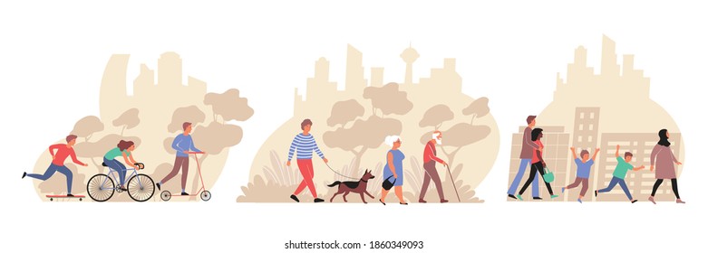 People of different ages walking in city park and streets flat compositions isolated vector illustration