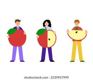 People with different amount of apple. Difference, product. Vector simple color flat illustration.