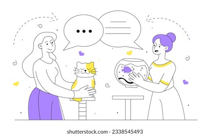 People with different animals line. Young girl with cat and woman with fish. People with kitty and aquarium. Care about domestic animals and pets. Linear flat vector illustration