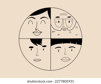 People different appearances and ages faces. Concept diversity humans. Vector illustration in hand drawn style