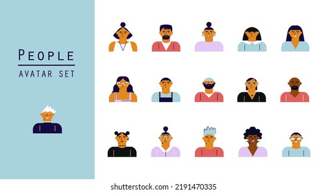 People in different avatars. Profile icons set including men and women. Icons for games, online communities, web forums. Vector illustration in cartoon flat style