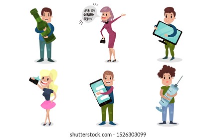 People With Different Bad Habits And Kind Of Behaviour Vector Illustration Set