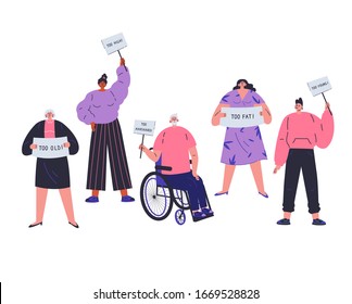People with different characteristics are discriminated against.Different people not fit the demands of society.Signs of discrimination against people.Too old,too fat,too young,too hight.Vector flat
