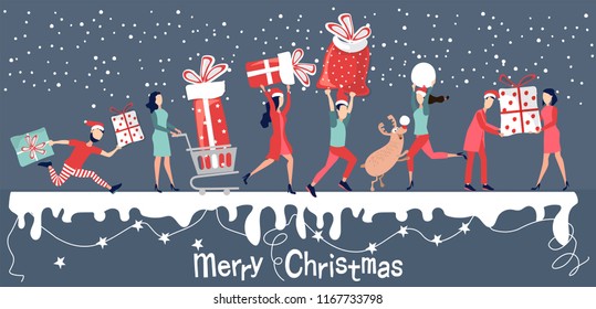 People from different cities of the planet are preparing to meet the holiday of Christmas and New year. Buy Christmas gifts, make purchases on the Internet, surprises to relatives. Vector illustration