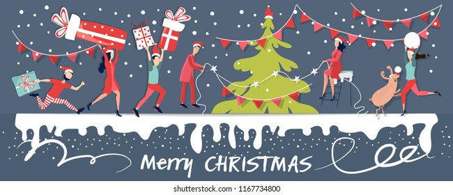 People from different cities of the planet are preparing to meet the holiday of Christmas and New year. Buy Christmas gifts, make purchases on the Internet, surprises to relatives. Vector illustration