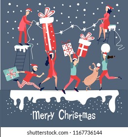 People from different cities of the planet are preparing to meet the holiday of Christmas and New year. Buy Christmas gifts, make purchases on the Internet, surprises to relatives. Vector illustration