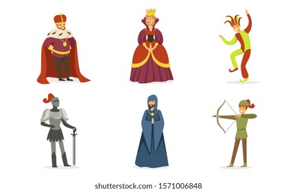 People of different classes in medieval clothes. Set of vector illustrations.
