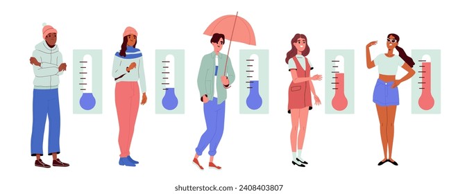 People in different climates set. Men and women with thermometers. Young guys and girls in hot and cold, rainy weathers. Cartoon flat vector collection isolated on white background