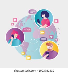 Personas de diferentes continentes se comunican en redes globales. Globo con avatares de humanos. Hombres y mujeres comparten información a través de Internet. Encuentro en línea y servicio a nivel mundial. Ilustración del vector