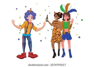 people in different costumes celebrating carnival, vector illustration.