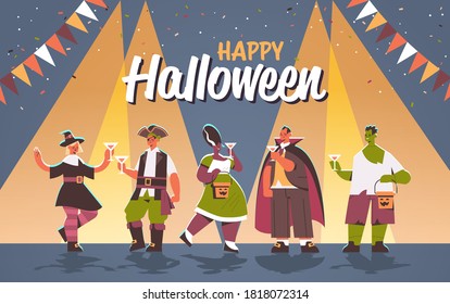 people in different costumes celebrating happy halloween party concept mix race men women having fun lettering greeting card full length horizontal vector illustration