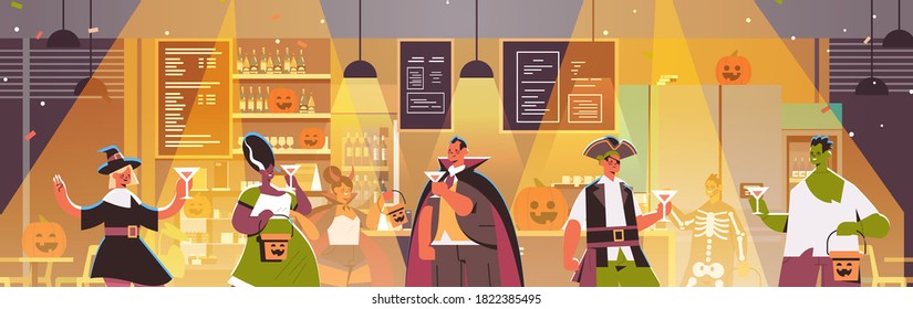 people in different costumes celebrating happy halloween holiday mix race men women drinking cocktails having bar party portrait horizontal vector illustration