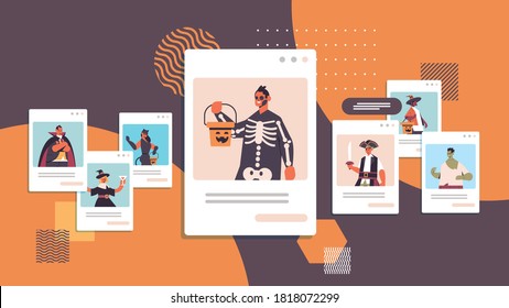 people in different costumes discussing during video call happy halloween party celebration self isolation online communication concept web browser windows portrait horizontal vector illustration