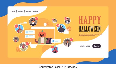 people in different costumes discussing during video call happy halloween party celebration self isolation online communication concept horizontal copy space vector illustration