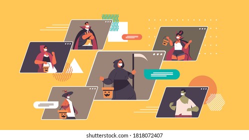 people in different costumes discussing during video call happy halloween party concept coronavirus quarantine online communication web browser windows portrait horizontal vector illustration