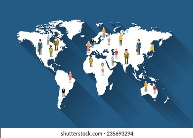 People from different countries on world map flat illustration