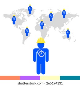People from different countries on world map flat illustration