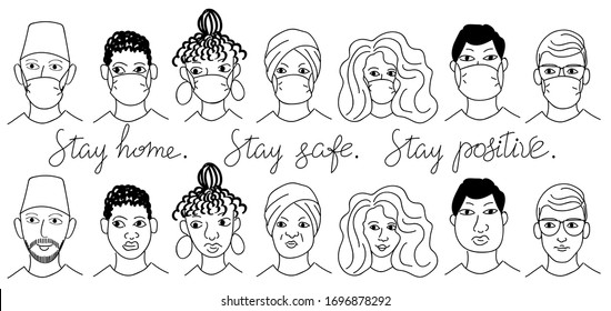 People from different countries are protected from the virus. Men and women in medical masks. To stay home. Hand lettering, typography. The concept of self-defense and prevention of coronavirus. 