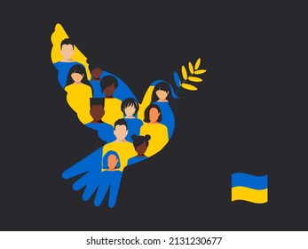 People from different countries support Ukraine and believe in victory. Horizontal poster with a dove of peace on a black background. Peace to Ukraine. vector