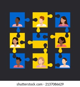 People from different countries support Ukraine and believe in victory. Square puzzle poster with yellow-blue hearts on a black background. Peace to Ukraine. vector