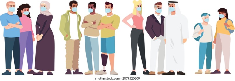 People from different cultures and profession wearing protective medical, surgical face masks. Men, women and kids wearing protection from virus, urban air pollution, smog, vapor and pollutant gas 