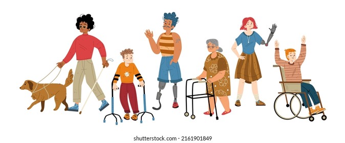 People with different disabilities, old woman with walkers. Vector flat illustration of diverse characters, man in wheelchair, blind with guide dog, boy with crutches, girl with prosthesis