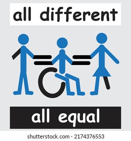 People with different disabilities and the text all different all equal
