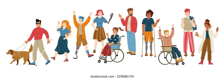 People With Different Disabilities Waving Hand. Vector Flat Illustration Of Characters With Prosthesis Of Hand And Leg, Woman In Wheelchair, African American Man On Crutches And Blind With Guide Dog