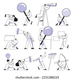 People with different elements and a magnifying glass. A set of vector symbols in a contour style for the design of mobile applications and social networks.