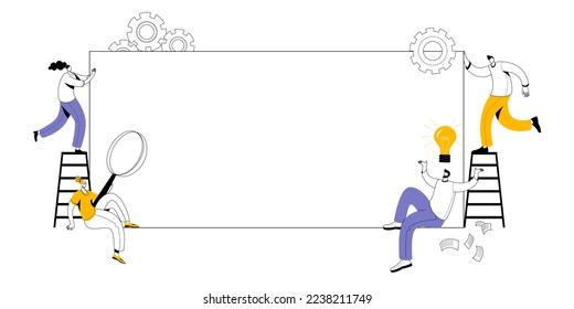 Personas con diferentes elementos y una lupa alrededor de una hoja de papel blanca. Marco vectorial con caracteres para tu anuncio.