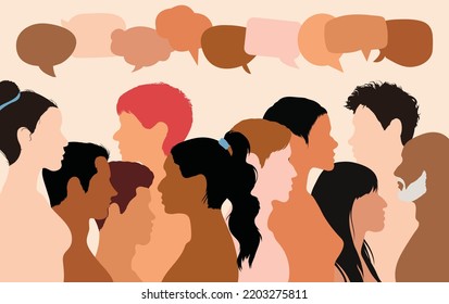 People from different ethnic backgrounds communicating and sharing ideas. Speak bubble. Talking dialogue. Vector cartoon characters in profile. Group of multiethnic and multicultural individuals.