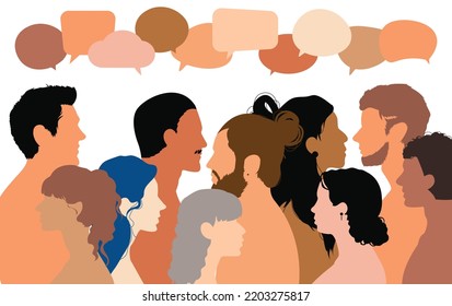 People from different ethnic backgrounds communicating and sharing ideas. Speak bubble. Talking dialogue. Vector cartoon characters in profile. Group of multiethnic and multicultural individuals.