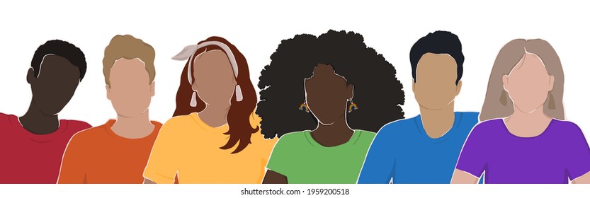 people from different ethnic groups in rainbow-colored clothes. LGBT community. Human rights. LGBTQ. Flat illustration, pride month.	