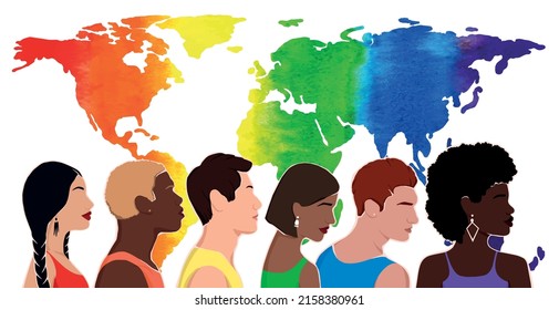 people from different ethnic groups in rainbow-colored clothes. LGBT community. Human rights. LGBTQ. Flat illustration with map. pride month.