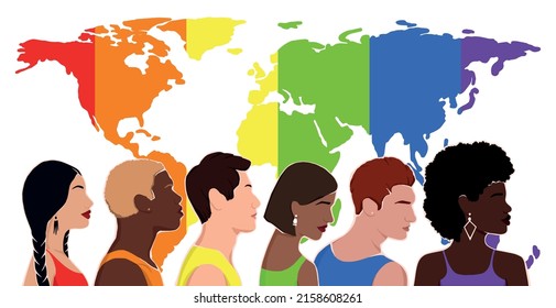 people from different ethnic groups in rainbow-colored clothes. LGBT community. Human rights. LGBTQ. Flat illustration with map. pride month.